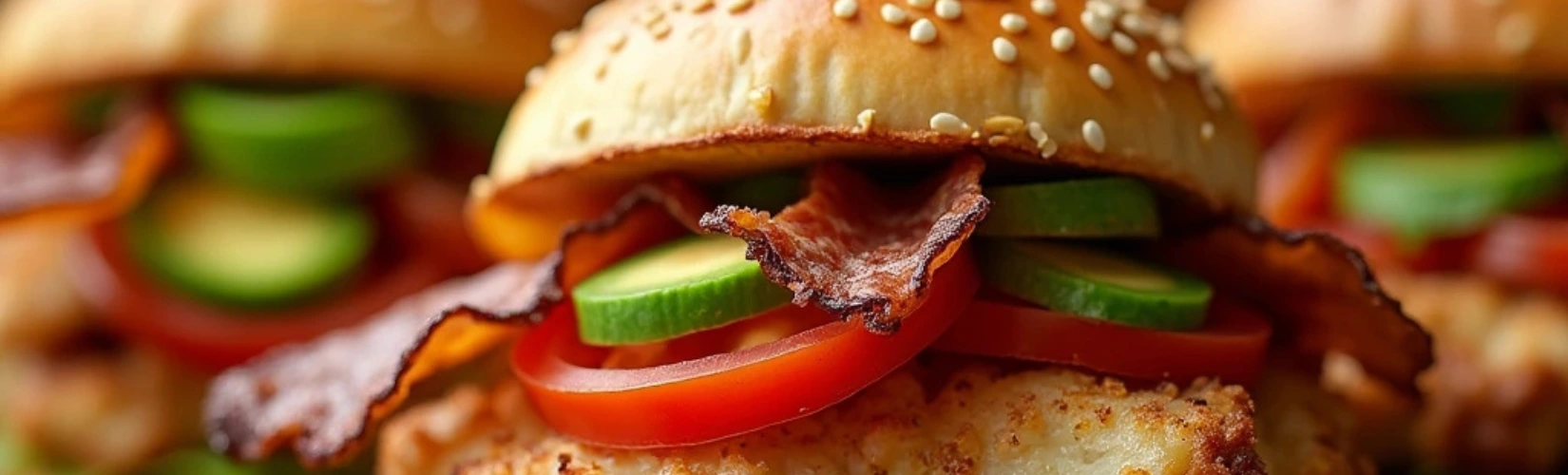 Een sandwich met kip, avocado, tomaat en spek